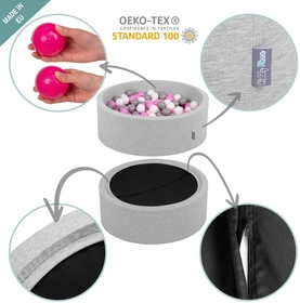 KiddyMoon Suchy basen okrągły z piłeczkami 7cm Zabawka basen piankowy, jasnoszary: pastelowy niebieski-pastelowy żółty-biały-mięta-pudrowy róż