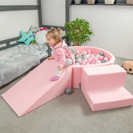 KiddyMoon Suchy basen okrągły z piłeczkami 7cm Zabawka basen piankowy, różowy: pudrowy róż-perła-złoty