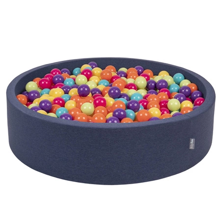 KiddyMoon Suchy basen okrągły z piłeczkami 7cm 120x30 Zabawka basen piankowy, granatowy: jasny zielony-żółty-turkus-pomarańcz-ciemny róż-fiolet