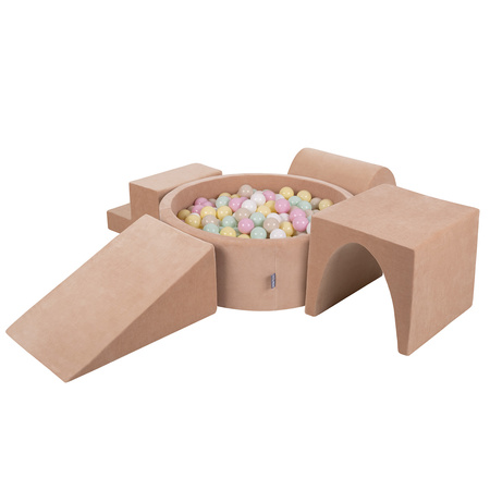 KiddyMoon Piankowy plac zabaw VELVET PPZP-OK30V-125 z piłeczkami Zabawka plac zabaw, róż pustyni: pastelowy beż-pastelowy żółty-biały-mięta-pudrowy róż