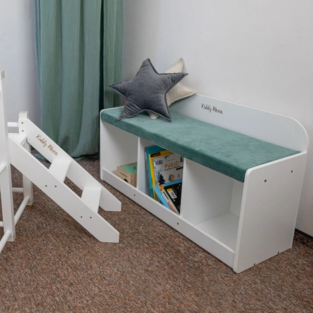 KiddyMoon Ławka z materacem BN-001 Mebel z półkami, szary/zieleń lasu