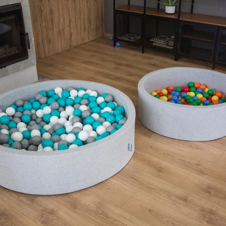 KiddyMoon Suchy basen okrągły z piłeczkami 7cm 120x30 Zabawka basen piankowy, ciemnoszary: żółty-zielony-niebieski-czerwony-pomarańcz