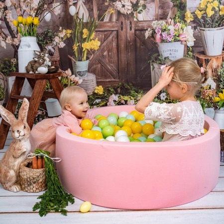 KiddyMoon Suchy basen okrągły z piłeczkami 7cm Zabawka basen piankowy, różowy: biały-mięta-jasny zielony-żółty