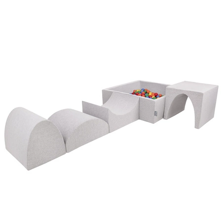 KiddyMoon Piankowy plac zabaw PPZP-KW30D-135 z piłeczkami Zabawka plac zabaw, jasnoszary: żółty-zielony-niebieski-czerwony-pomarańcz