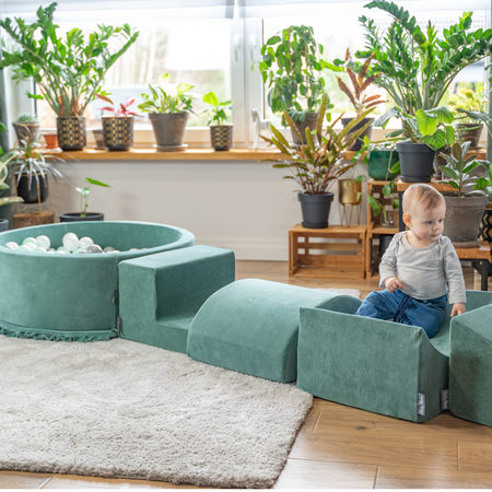 KiddyMoon Piankowy plac zabaw VELVET PPZP-OK30V-125 z piłeczkami Zabawka plac zabaw, zieleń lasu: biały-szary-mięta