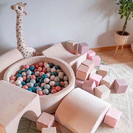 KiddyMoon Suchy basen okrągły VELVET z piłeczkami 7cm Zabawka basen piankowy, beż piasku: brązowy-miedziany-pastelowy beż-łososiowy