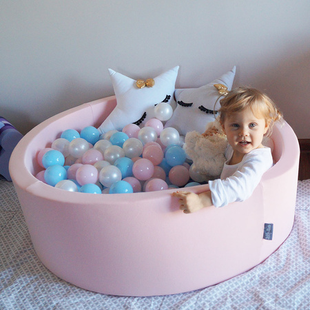 KiddyMoon Suchy basen okrągły z piłeczkami 7cm Zabawka basen piankowy, różowy: babyblue-pudrowy róż-perła