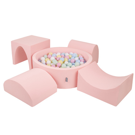 KiddyMoon Piankowy plac zabaw PPZP-OK30D-135 z piłeczkami Zabawka plac zabaw, różowy: pastelowy niebieski-pastelowy żółty-biały-mięta-pudrowy róż