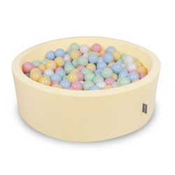 KiddyMoon Suchy basen okrągły z piłeczkami 7cm Zabawka basen piankowy, masełkowy: pastelowy niebieski-pastelowy żółty-biały-mięta-pudrowy róż