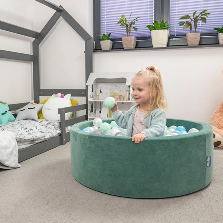 KiddyMoon Suchy basen okrągły VELVET z piłeczkami 7cm Zabawka basen piankowy, zieleń lasu: jasny zielony-zielony-żółty-pudrowy róż-róż
