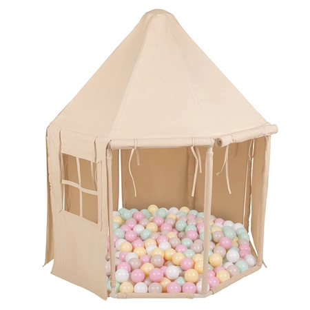 KiddyMoon Namiot dla dzieci NK-002 z piłeczkami 7cm Zabawka namiot dla dzieci, natural: pastelowy beż-pastelowy żółty-biały-mięta-pudrowy róż