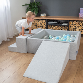 KiddyMoon Suchy basen trójkątny z piłeczkami 7cm Zabawka basen piankowy, jasnoszary: perła-szary-transparent-babyblue-mięta