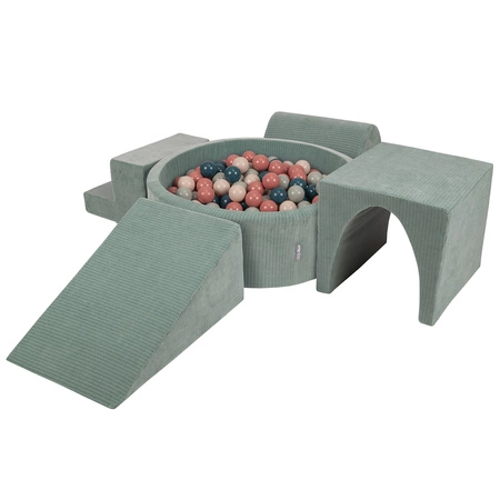 KiddyMoon Piankowy plac zabaw STRIPES PPZP-OK30VS-125 z piłeczkami Zabawka plac zabaw, zielony: ciemny turkus-pastelowy beż-zielonoszary-łososiowy