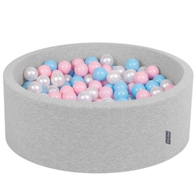 KiddyMoon Suchy basen okrągły z piłeczkami 7cm Zabawka basen piankowy, jasnoszary: babyblue-pudrowy róż-perła