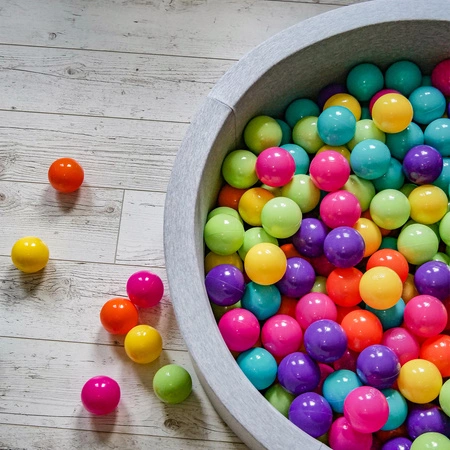 KiddyMoon Suchy basen okrągły z piłeczkami 7cm 120x30 Zabawka basen piankowy, jasnoszary: jasny zielony-żółty-turkus-pomarańcz-ciemny róż-fiolet