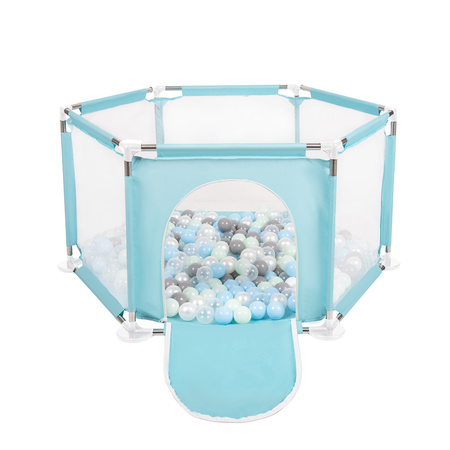 Sześciokąt składany KS-100X z piłeczkami 6cm Zabawka kojec, miętowy: perła-szary-transparent-babyblue-mięta