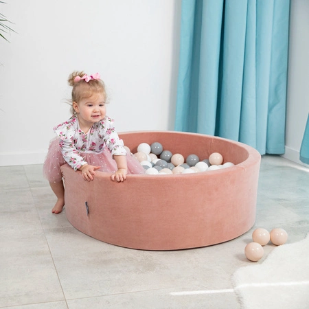 KiddyMoon Suchy basen okrągły VELVET z piłeczkami 7cm Zabawka basen piankowy, róż pustyni: pastelowy beż-szary-biały