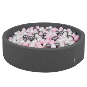 KiddyMoon Suchy basen okrągły z piłeczkami 7cm 120x30 Zabawka basen piankowy, ciemnoszary: perła-pudrowy róż-srebrny