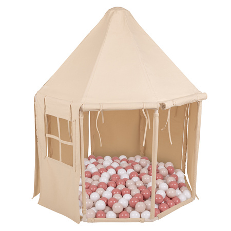 KiddyMoon Namiot dla dzieci NK-002 z piłeczkami 7cm Zabawka namiot dla dzieci, natural: pastelowy beż-łososiowy-biały