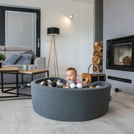 KiddyMoon Suchy basen kwadratowy z piłeczkami 7cm 120x30 Zabawka basen piankowy, ciemnoszary: biały-szary-czarny-złoty