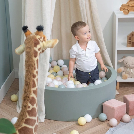 KiddyMoon Suchy basen okrągły z piłeczkami 7cm Zabawka basen piankowy, szałwiowy: pastelowy beż-zielonoszary-pastelowy żółty-biały