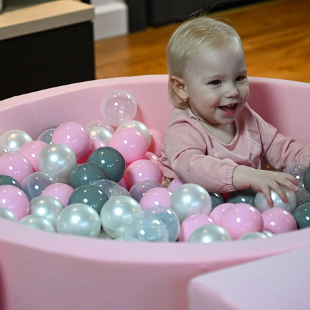 KiddyMoon Suchy basen okrągły z piłeczkami 7cm Zabawka basen piankowy, różowy: perła-szary-transparent-pudrowy róż