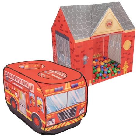  Domek do zabawy PH-400X + Wóz strażacki PH-500X z piłeczkami 6cm Zabawka namiot dla dzieci, czerwony: żółty-zielony-niebieski-czerwony-pomarańcz
