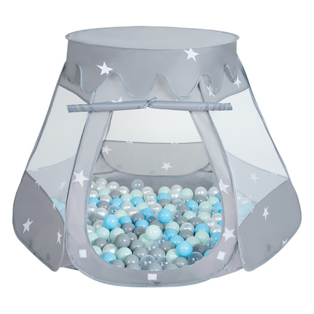 Namiot zamek NZ-100X z piłeczkami 6cm Zabawka namiot dla dzieci, szary: perła-szary-transparent-babyblue-mięta
