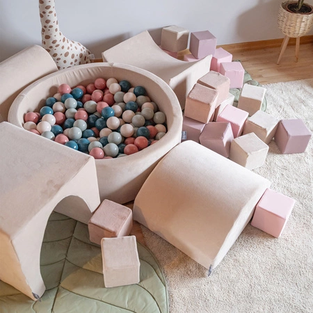 KiddyMoon Piankowy plac zabaw VELVET PPZP-OK30V-115 z piłeczkami Zabawka plac zabaw, beż piasku: ciemny turkus-pastelowy beż-zielonoszary-łososiowy