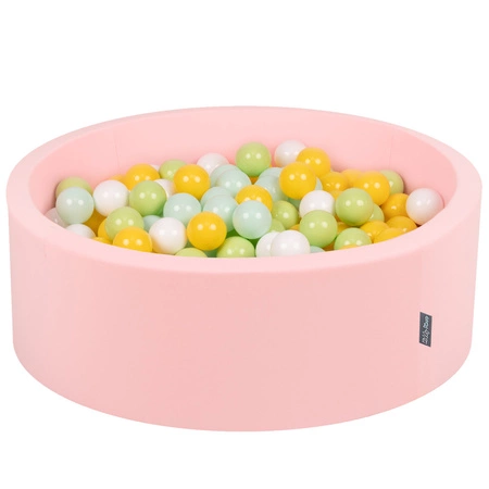 KiddyMoon Suchy basen okrągły z piłeczkami 7cm Zabawka basen piankowy, różowy: biały-mięta-jasny zielony-żółty