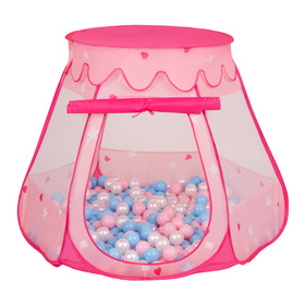 Namiot zamek NZ-100X z piłeczkami 6cm Zabawka namiot dla dzieci, różowy: babyblue-pudrowy róż-perła