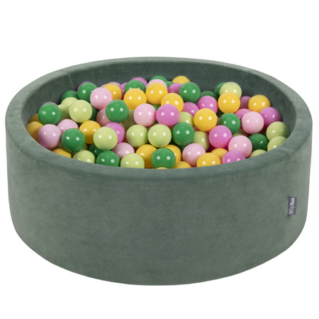 KiddyMoon Suchy basen okrągły VELVET z piłeczkami 7cm Zabawka basen piankowy, zieleń lasu: jasny zielony-zielony-żółty-pudrowy róż-róż