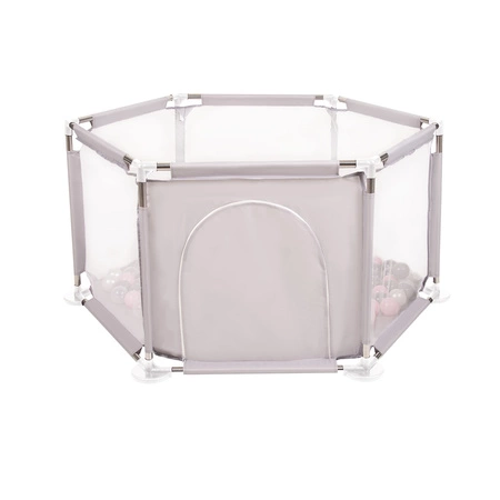 Sześciokąt składany KS-100X z piłeczkami 6cm Zabawka kojec, szary: perła-szary-transparent-pudrowy róż