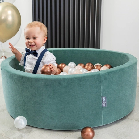 KiddyMoon Suchy basen okrągły VELVET z piłeczkami 7cm Zabawka basen piankowy, zieleń lasu: pastelowy beż-miedziany-perła