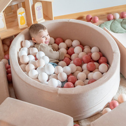 KiddyMoon Suchy basen okrągły z piłeczkami 7cm Zabawka basen piankowy, beżowy: pastelowy beż-łososiowy-biały