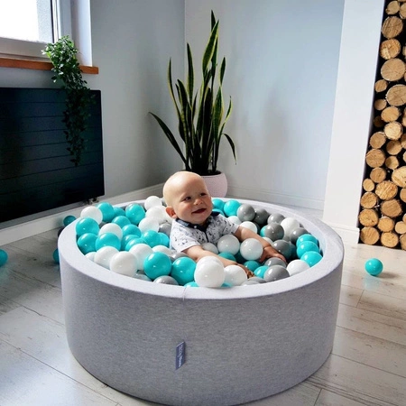 KiddyMoon Suchy basen okrągły z piłeczkami 7cm Zabawka basen piankowy, jasnoszary: ciemny turkus-pastelowy beż-biały-mięta