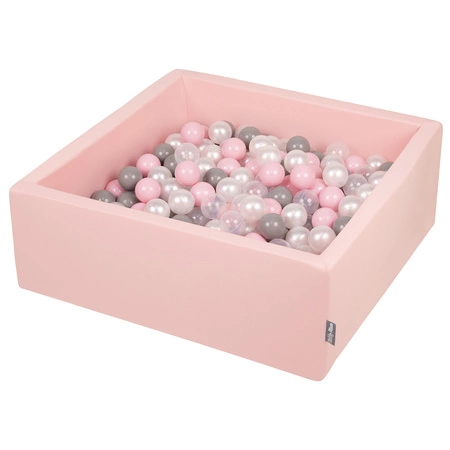 KiddyMoon Suchy basen kwadratowy z piłeczkami 7cm Zabawka basen piankowy, różowy: perła-szary-transparent-pudrowy róż