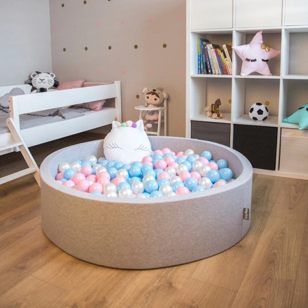 KiddyMoon Suchy basen okrągły z piłeczkami 7cm Zabawka basen piankowy, jasnoszary: babyblue-pudrowy róż-perła
