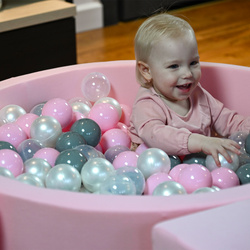 KiddyMoon Suchy basen okrągły z piłeczkami 7cm Zabawka basen piankowy, różowy: perła-szary-transparent-pudrowy róż