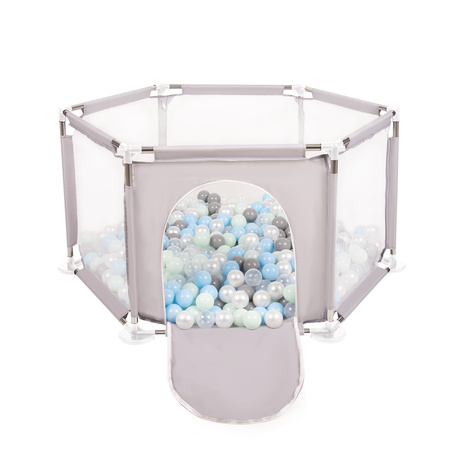 Sześciokąt składany KS-100X z piłeczkami 6cm Zabawka kojec, szary: perła-szary-transparent-babyblue-mięta
