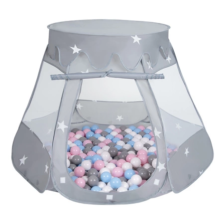 Namiot zamek NZ-100X z piłeczkami 6cm Zabawka namiot dla dzieci, szary: biały-szary-babyblue-pudrowy róż