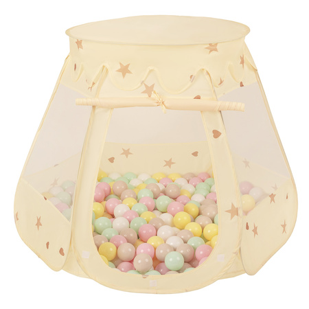 Namiot zamek NZ-100X z piłeczkami 7cm Zabawka namiot dla dzieci, jasny beż: pastelowy beż-pastelowy żółty-biały-mięta-pudrowy róż