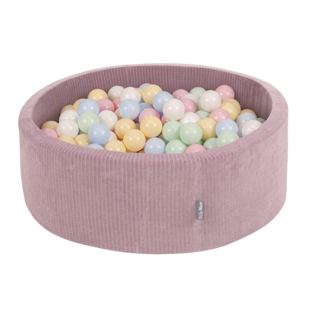KiddyMoon Suchy basen okrągły STRIPES z piłeczkami 7 cm Zabawka basen piankowy, fioletowy: pastelowy niebieski-pastelowy żółty-biały-mięta-pudrowy róż