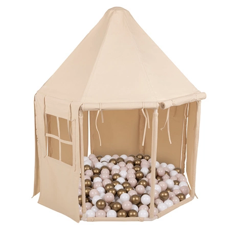 KiddyMoon Namiot dla dzieci NK-002 z piłeczkami 7cm Zabawka namiot dla dzieci, natural: pastelowy beż-biały-złoty