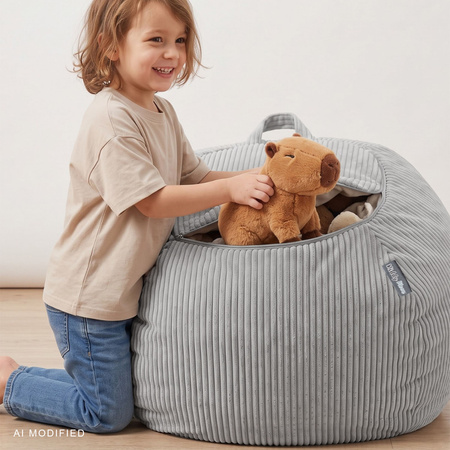 KiddyMoon KM-BAG-ES puf fotel worek na zabawki z zamkiem, jasnoszary
