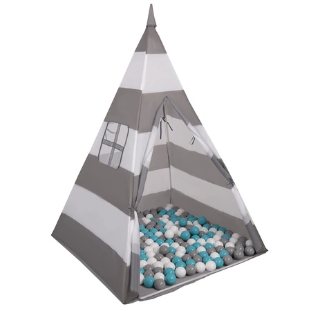 Namiot tipi NT-200X z piłeczkami 6cm Zabawka namiot dla dzieci, szaro-białe pasy: szary-biały-turkus