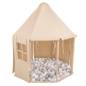 KiddyMoon Namiot dla dzieci NK-002 z piłeczkami 7cm Zabawka namiot dla dzieci, natural: biały-perła-pastelowy beż-zielonoszary
