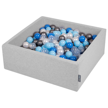 KiddyMoon Suchy basen kwadratowy z piłeczkami 7cm Zabawka basen piankowy, jasnoszary: perła-niebieski-babyblue-transparent-srebrny