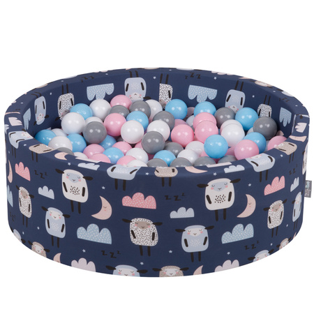 KiddyMoon Suchy basen okrągły z piłeczkami 7cm Zabawka basen piankowy, owieczki-granat: biały-szary-babyblue-pudrowy róż