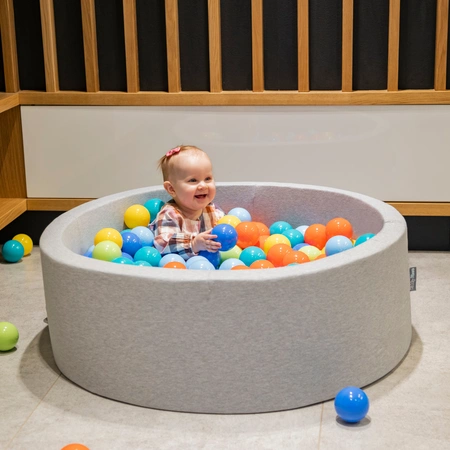 KiddyMoon Suchy basen okrągły z piłeczkami 7cm Zabawka basen piankowy, jasnoszary: jasny zielony-pomarańcz-turkus-niebieski-babyblue-żółty